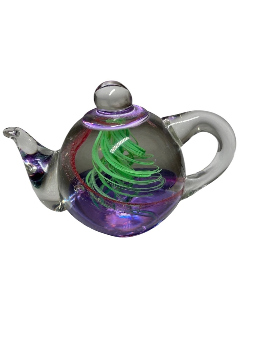Vintage Handblown Glass Teapot paperweight Sculpture - Purple & Green